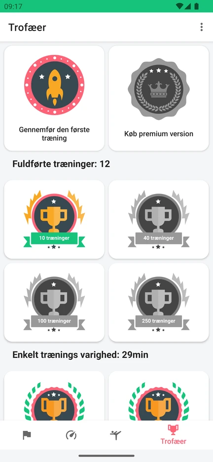 Appens skærm Trofæer med udmærkelser for antal gennemførte træninger og for varigheden af et enkelt træningspas.