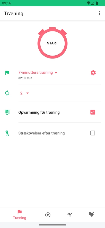 7 Minute Workout-appen med startknap, valg af træning (7-minutters træning), antal runder og valgene Opvarmning før træning og Strækøvelser efter træning.