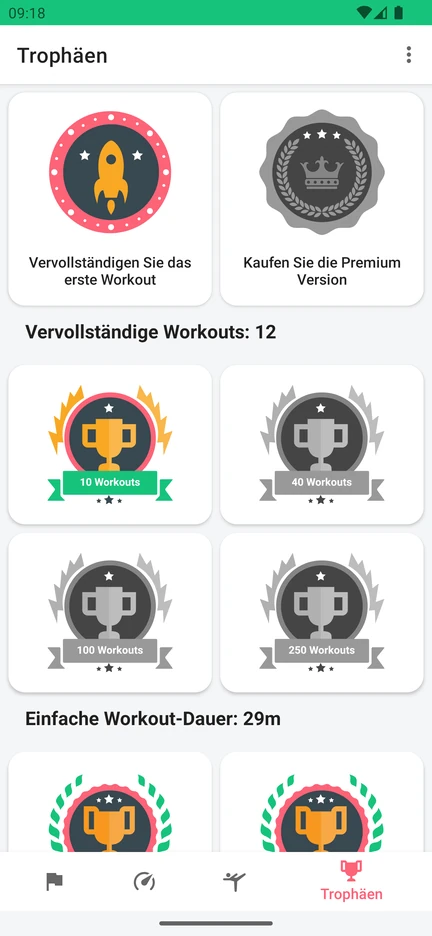 Der Trophäen-Bildschirm der App mit Auszeichnungen für abgeschlossene Workouts und die Trainingsdauer.