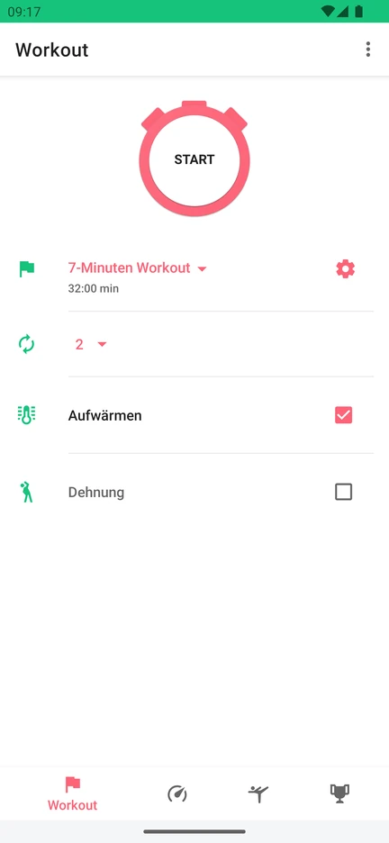 Die App 7 Minute Workout mit Startknopf, ausgewähltem 7-Minuten Workout, zwei Durchgängen und den Optionen Aufwärmen und Dehnung.