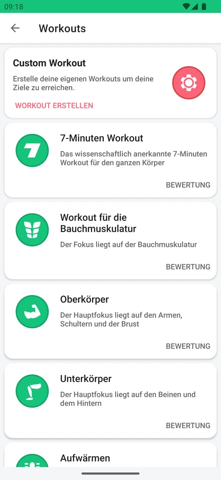 Workout-Auswahl in der App: Custom Workout, 7-Minuten Workout, Workout für die Bauchmuskulatur, Oberkörper, Unterkörper und Aufwärmen.
