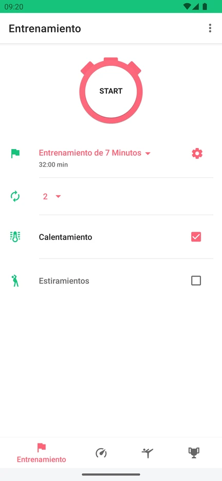 Pantalla de 7 Minute Workout con el botón Start, el Entrenamiento de 7 Minutos elegido (32:00 min), 2 circuitos, el calentamiento activado y los estiramientos desactivados.