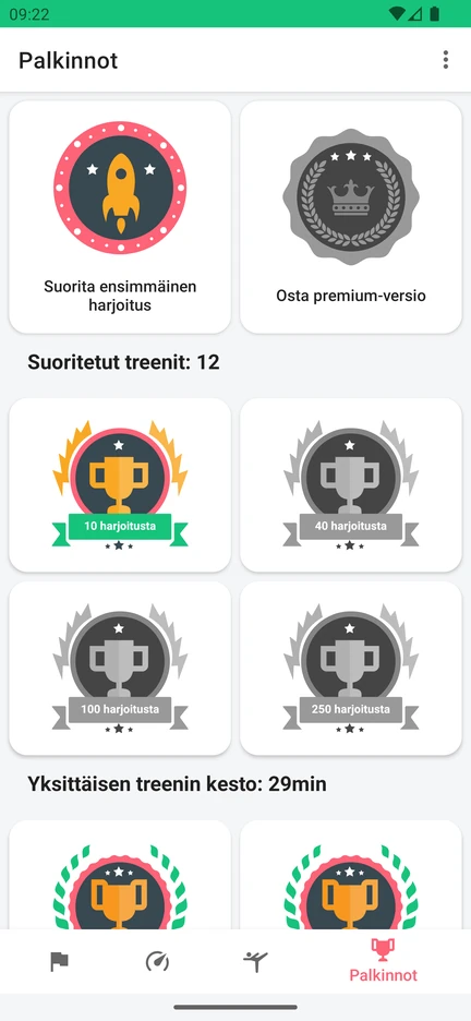 Sovelluksen Palkinnot-näkymä: palkinnot suoritetuista treeneistä ja yksittäisen treenin kestosta.