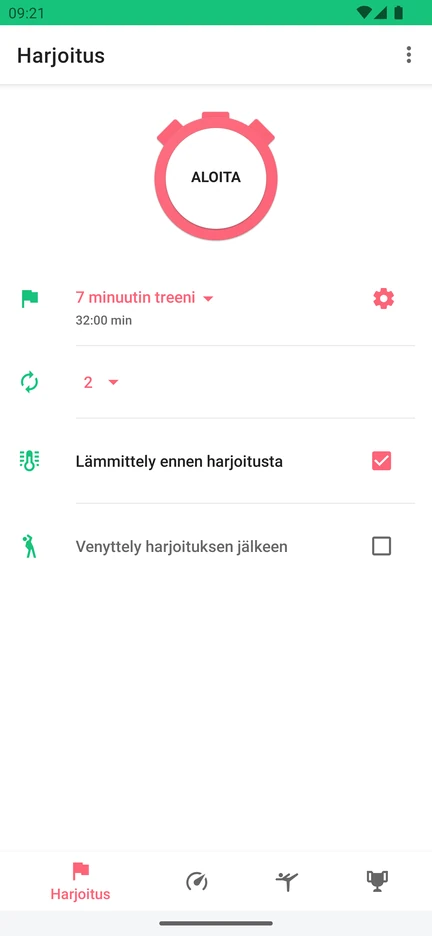 7 Minute Workout -sovelluksen aloitusnäkymä: Aloita-painike, valittuna 7 minuutin treeni, kierrosten määrä sekä lämmittely ennen harjoitusta ja venyttely sen jälkeen.
