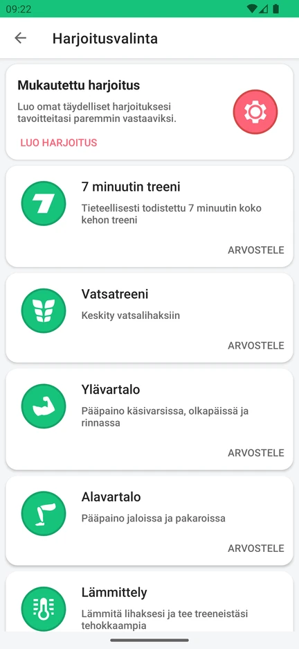 Harjoitusvalinta sovelluksessa: Mukautettu harjoitus, 7 minuutin treeni, Vatsatreeni, Ylävartalo, Alavartalo ja Lämmittely.