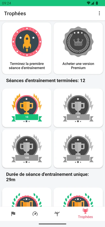 L’écran Trophées de l’app, avec des récompenses pour le nombre de séances terminées et la durée d’une séance.