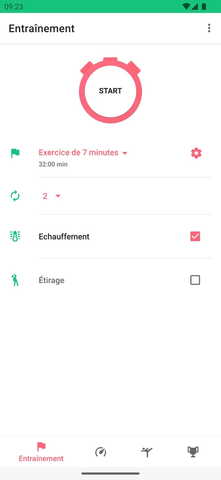 L’app 7 Minute Workout avec le bouton Start, le choix de la séance, le nombre de circuits et les options d’échauffement et d’étirement.