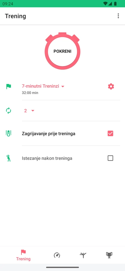 Aplikacija 7 Minute Workout s gumbom Pokreni, izborom treninga, brojem krugova te opcijama zagrijavanja i istezanja.