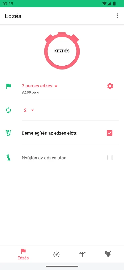 A 7 Minute Workout edzésképernyője: Kezdés gomb, a kiválasztott 7 perces edzés, a körök száma, valamint a bemelegítés és a nyújtás beállítása.