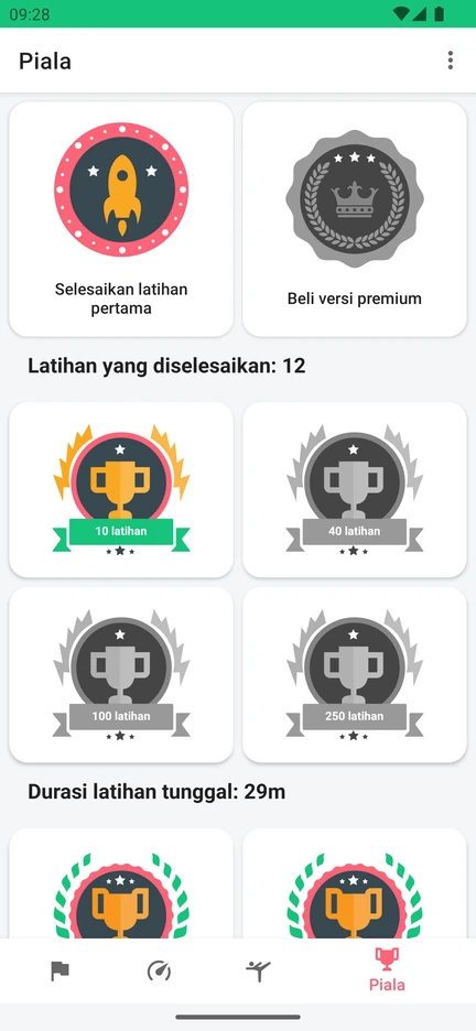 Layar Piala di aplikasi dengan penghargaan untuk jumlah latihan yang diselesaikan dan durasi latihan.