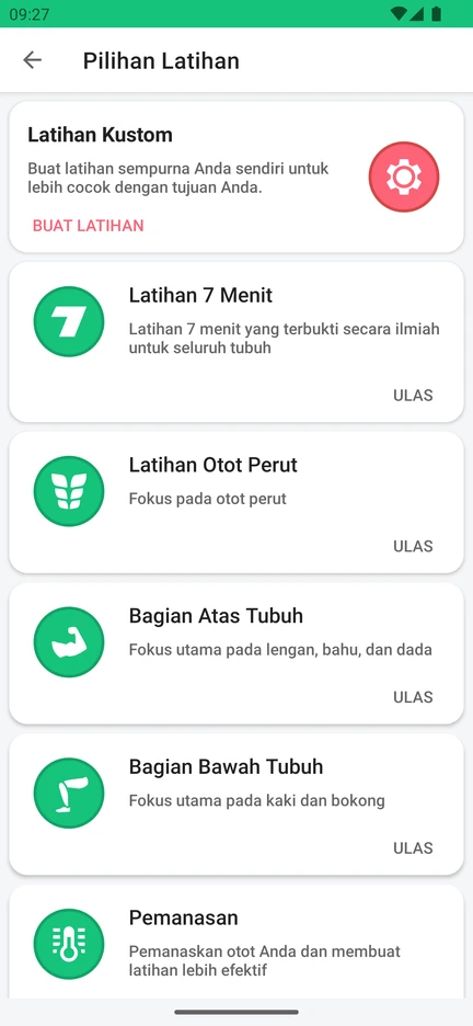 Pilihan latihan di aplikasi: Latihan Kustom, Latihan 7 Menit, Latihan Otot Perut, Bagian Atas Tubuh, Bagian Bawah Tubuh, dan Pemanasan.