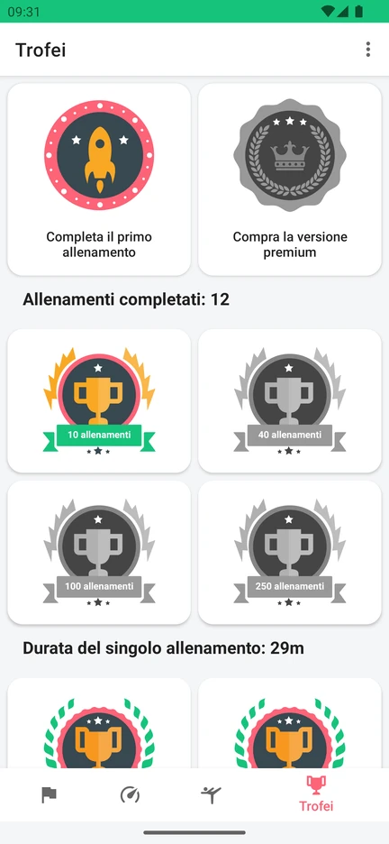 La schermata Trofei dell'app, con i riconoscimenti per il numero di allenamenti completati e per la durata del singolo allenamento.
