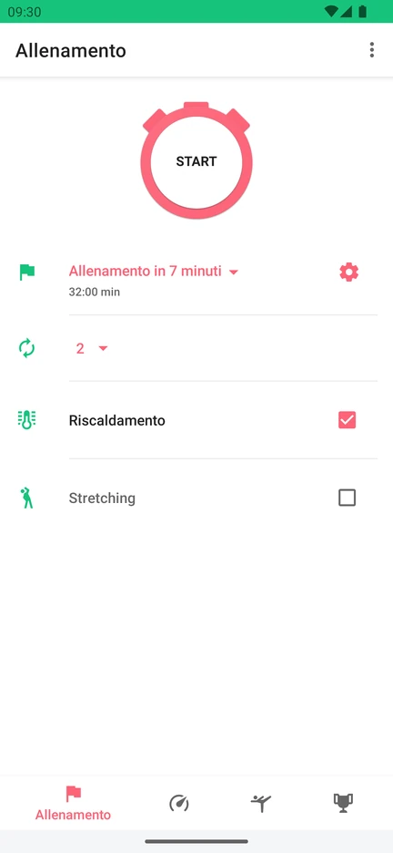 Schermata dell'app 7 Minute Workout con il pulsante Start, l'Allenamento in 7 minuti selezionato, il numero di circuiti e le opzioni Riscaldamento e Stretching.