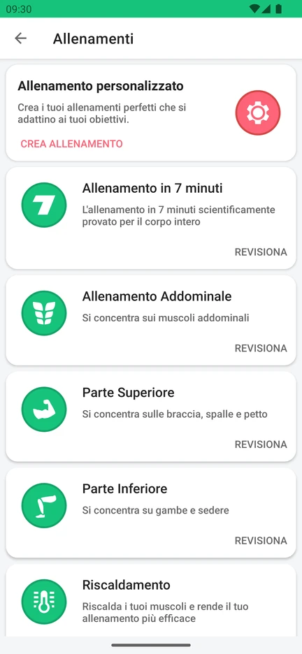 La scelta degli allenamenti nell'app: Allenamento personalizzato, Allenamento in 7 minuti, Allenamento Addominale, Parte Superiore, Parte Inferiore e Riscaldamento.