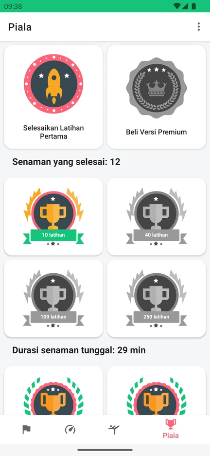 Skrin Piala dalam aplikasi dengan pencapaian untuk bilangan senaman yang selesai dan tempoh senaman.