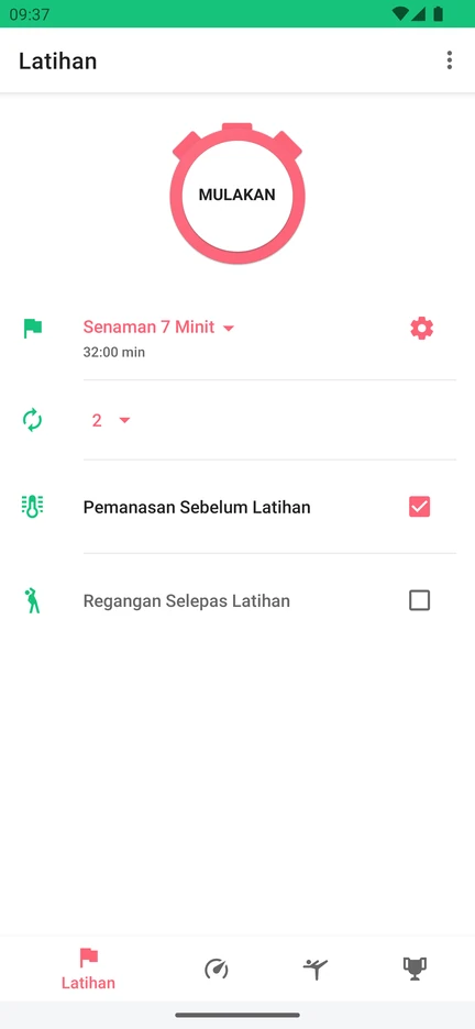 Skrin Latihan dalam 7 Minute Workout dengan butang Mulakan, pilihan Senaman 7 Minit, bilangan litar, serta pilihan Pemanasan Sebelum Latihan dan Regangan Selepas Latihan.