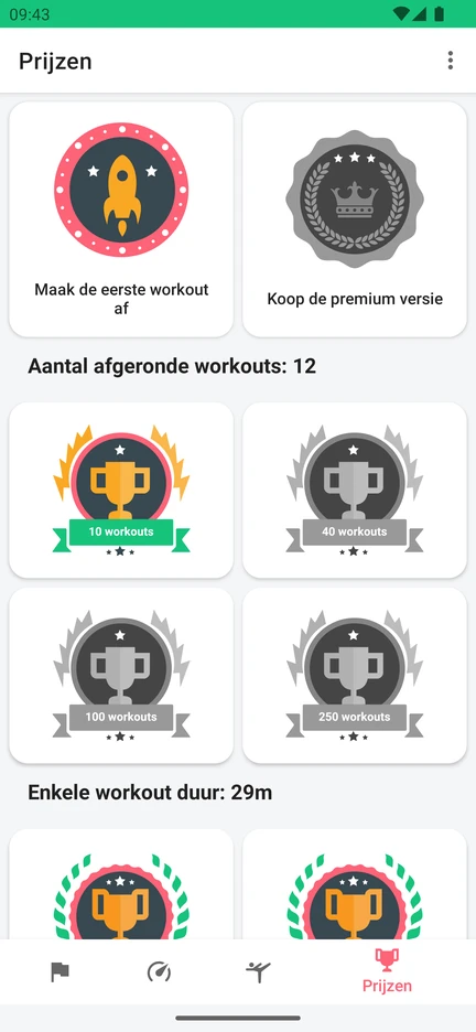 Het scherm Prijzen in de app met badges voor de eerste workout, het aantal afgeronde workouts en de duur van één workout.