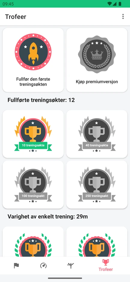 Skjermen «Trofeer» i appen med utmerkelser for antall fullførte økter og for varigheten av én enkelt økt.