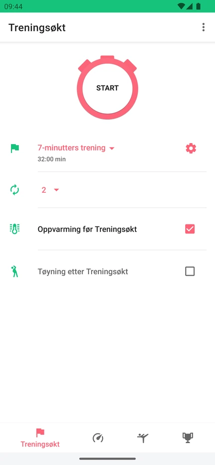 Appen 7 Minute Workout med startknapp, valg av økt (7-minutters trening), antall runder og valg for oppvarming og tøyning.