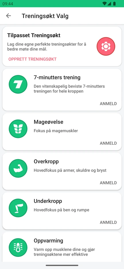 Oversikt over økter i appen: Tilpasset treningsøkt, 7-minutters trening, Mageøvelse, Overkropp, Underkropp og Oppvarming.