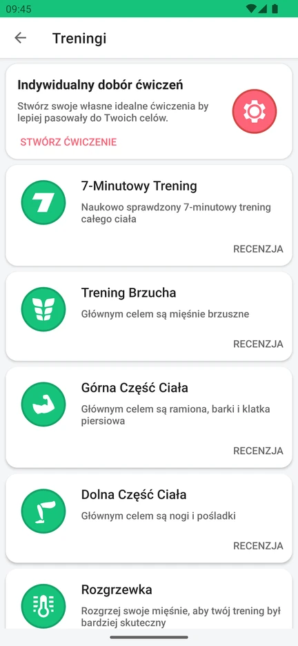 Wybór treningu w aplikacji: Indywidualny dobór ćwiczeń, 7-Minutowy Trening, Trening Brzucha, Górna Część Ciała, Dolna Część Ciała i Rozgrzewka.