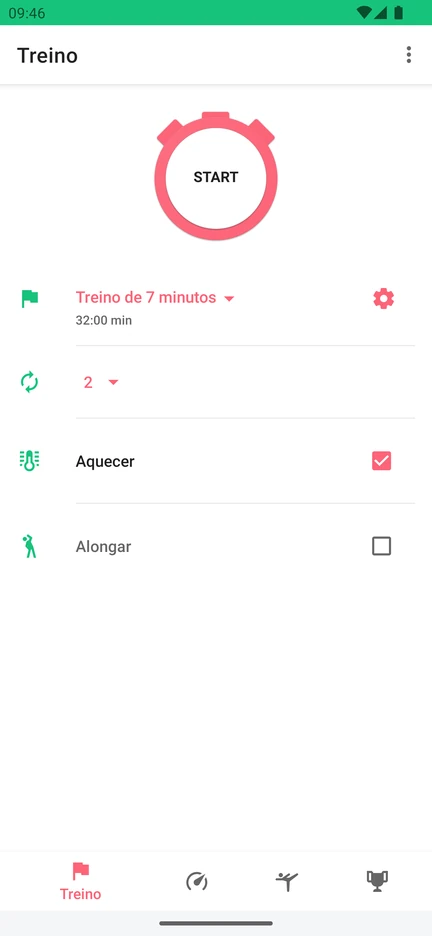 Tela do 7 Minute Workout com o botão START, a escolha do Treino de 7 minutos, o número de circuitos e as opções Aquecer e Alongar.