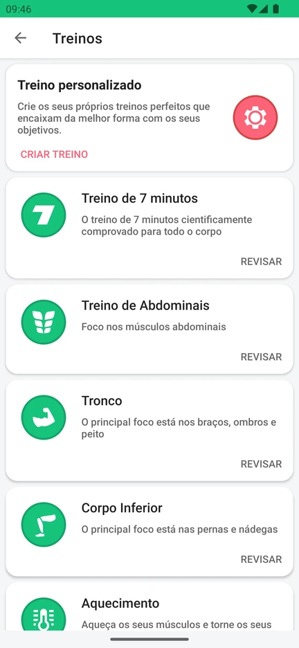 Lista de treinos do aplicativo: Treino personalizado, Treino de 7 minutos, Treino de Abdominais, Tronco, Corpo Inferior e Aquecimento.