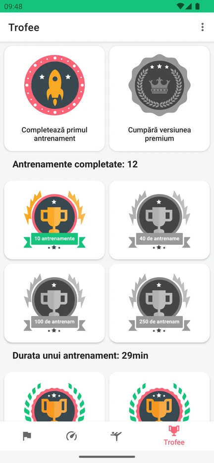 Ecranul de trofee al aplicației, cu realizări pentru antrenamentele completate și pentru durata antrenamentelor.