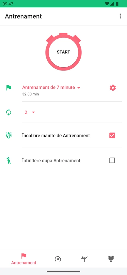 Ecranul principal din 7 Minute Workout cu butonul Start, antrenamentul ales („Antrenament de 7 minute”), numărul de circuite și opțiunile de încălzire și de întindere.