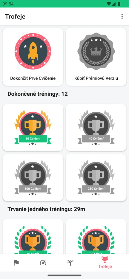 Obrazovka Trofeje v aplikácii s oceneniami za počet dokončených tréningov a dĺžku jedného tréningu.