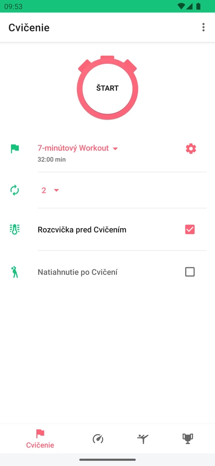 Aplikácia 7 Minute Workout s tlačidlom Štart, výberom cvičenia, počtom okruhov a voľbami rozcvičky pred cvičením a natiahnutia po ňom.