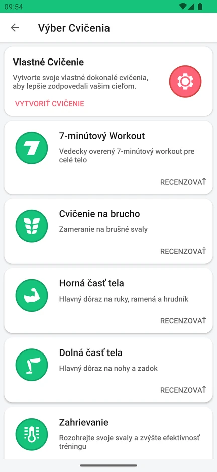 Výber cvičenia v aplikácii: Vlastné cvičenie, 7-minútový Workout, Cvičenie na brucho, Horná časť tela, Dolná časť tela a Zahrievanie.
