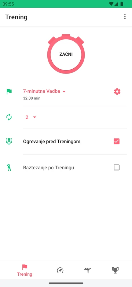 Zaslon aplikacije 7 Minute Workout z gumbom »Začni«, izbiro vadbe, številom krogov ter možnostma ogrevanja in raztezanja.