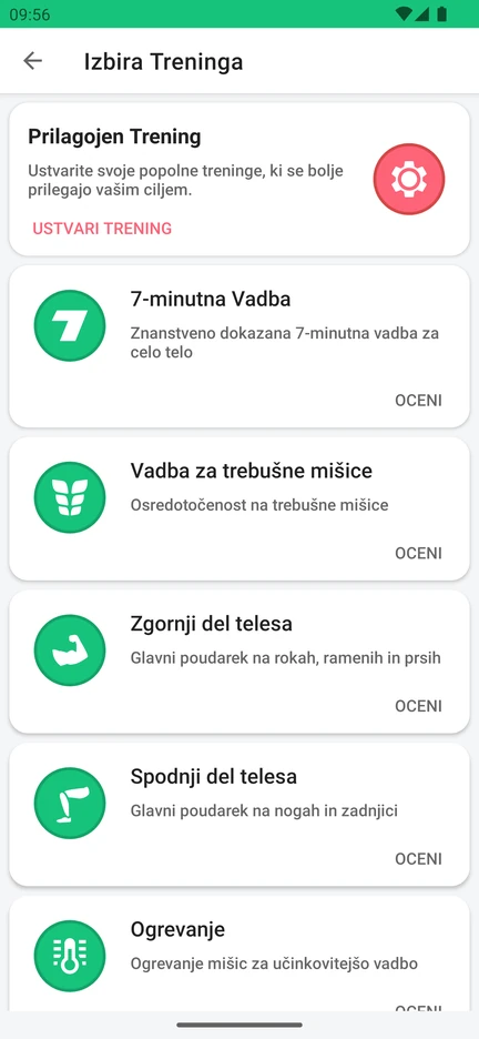 Izbira vadbe v aplikaciji: prilagojen trening, 7-minutna vadba, vadba za trebušne mišice, zgornji del telesa, spodnji del telesa in ogrevanje.