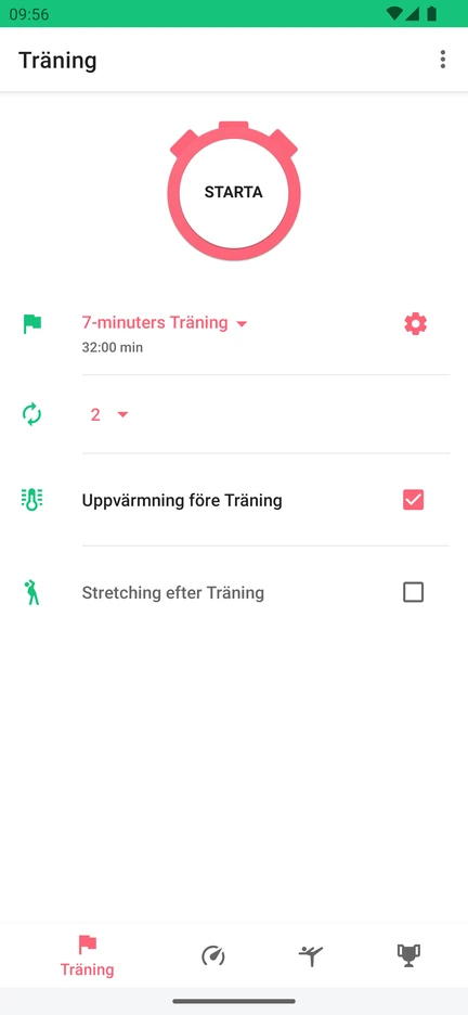 Appens träningsvy med knappen Starta, det valda passet 7-minuters Träning, antal varv samt val för uppvärmning före och stretching efter träningen.