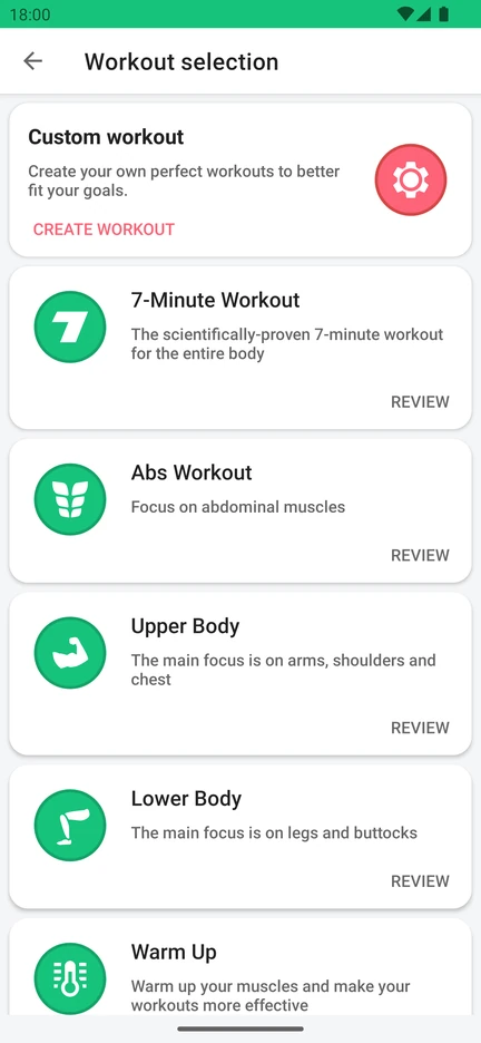 Workout selection in the app: custom workout, 7-Minute Workout, Abs Workout, Upper Body, Lower Body and Warm Up.